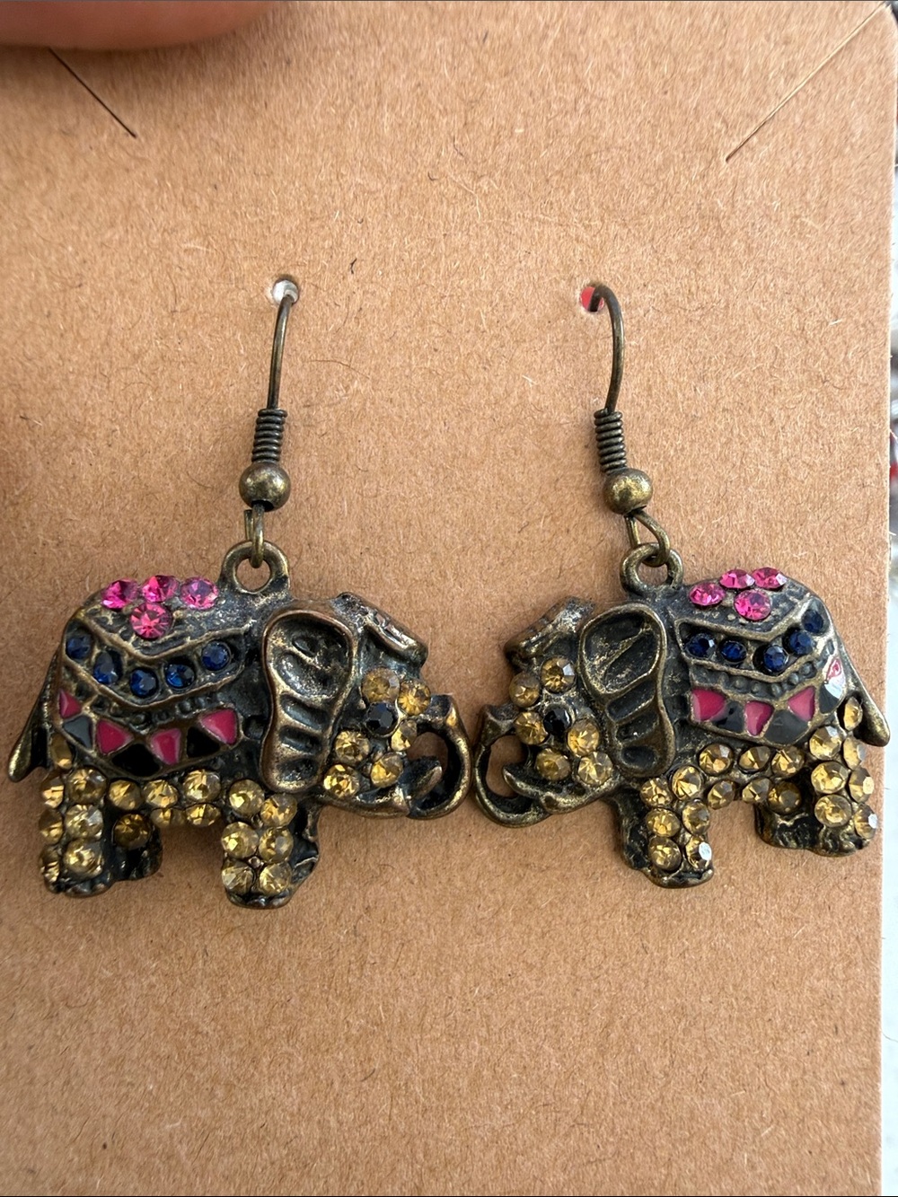 Gold-Tone Elephant Drop Earrings with Pink & Blue Accents
